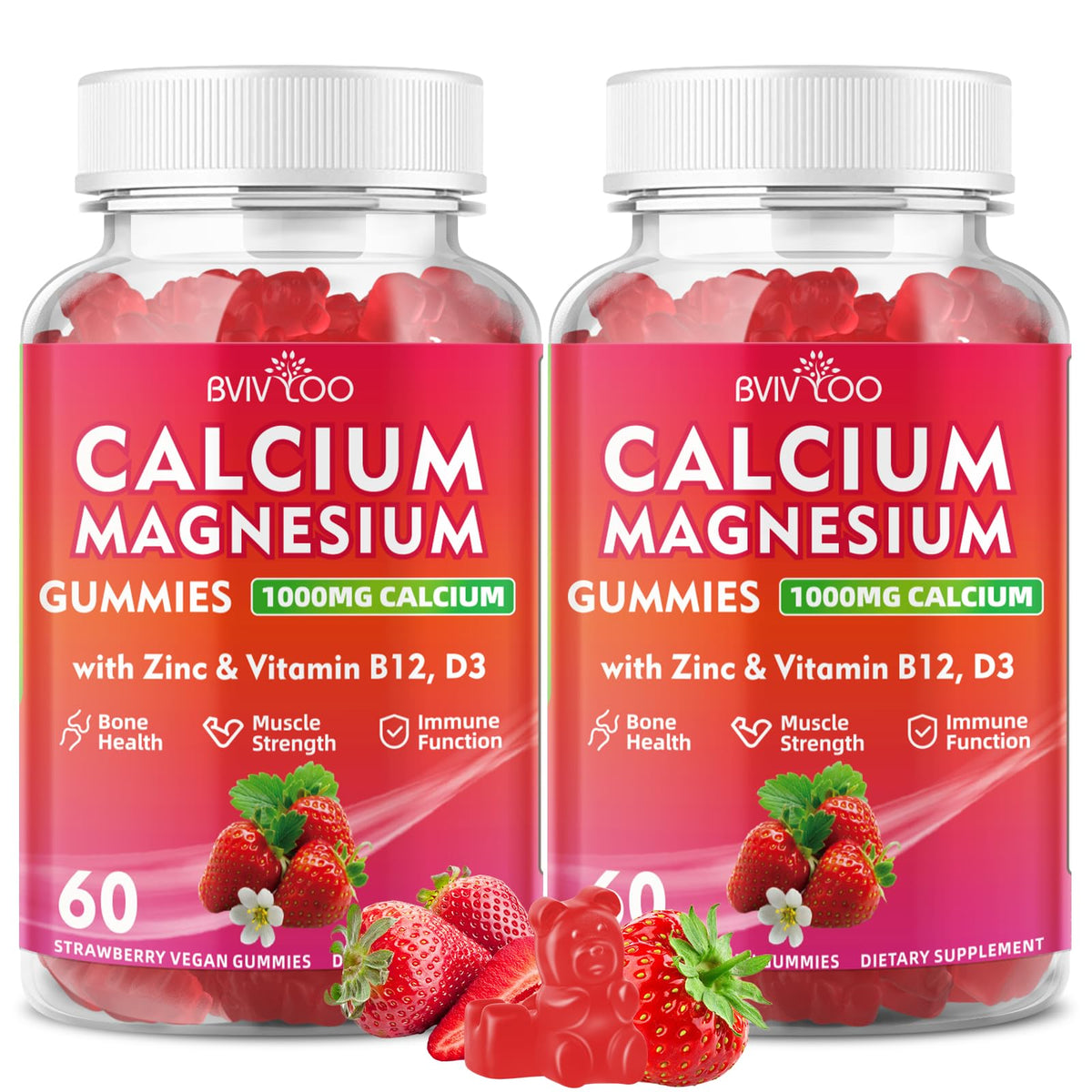 BVIVLOO Calcium Gummies bottle shows convenient daily bone support for on-the-go use.