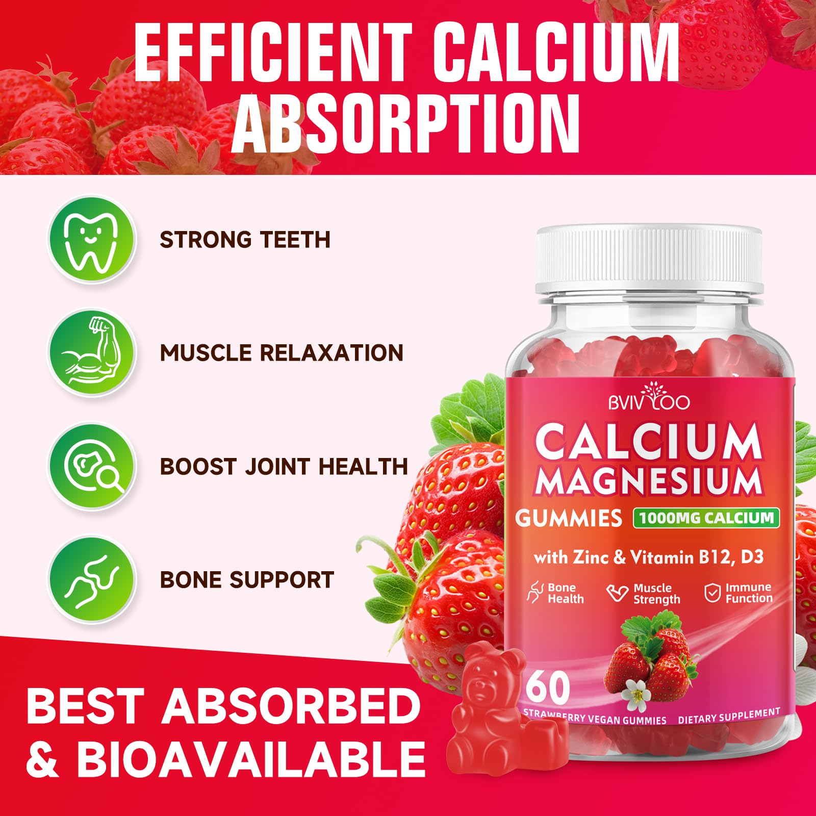BVIVLOO Calcium Gummies ingredients panel featuring D3, K2 and B complex blend.