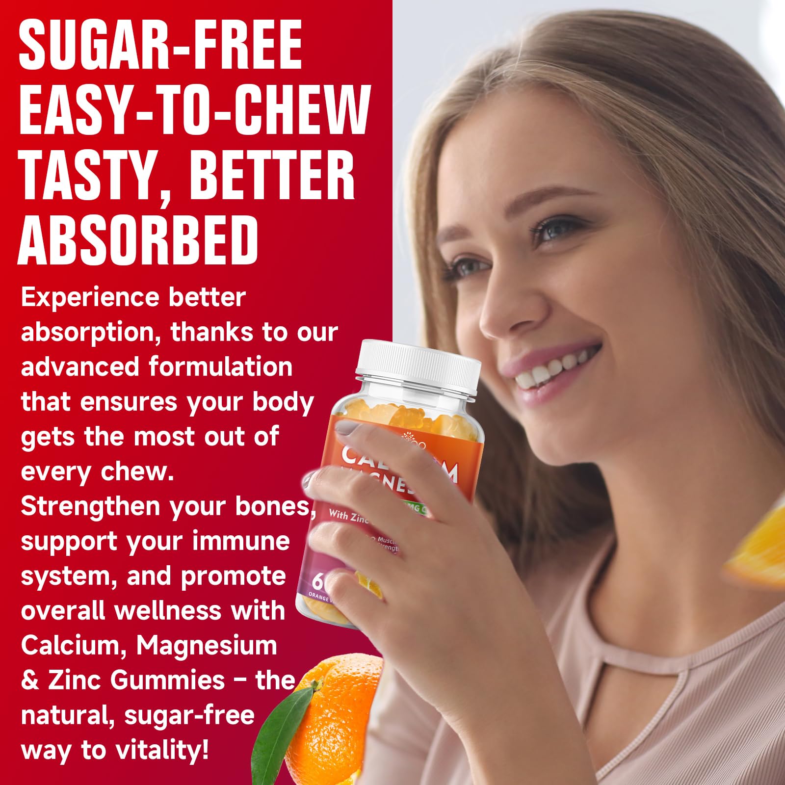 BVIVLOO Calcium Gummies orange flavor, a tasty daily wellness bite.