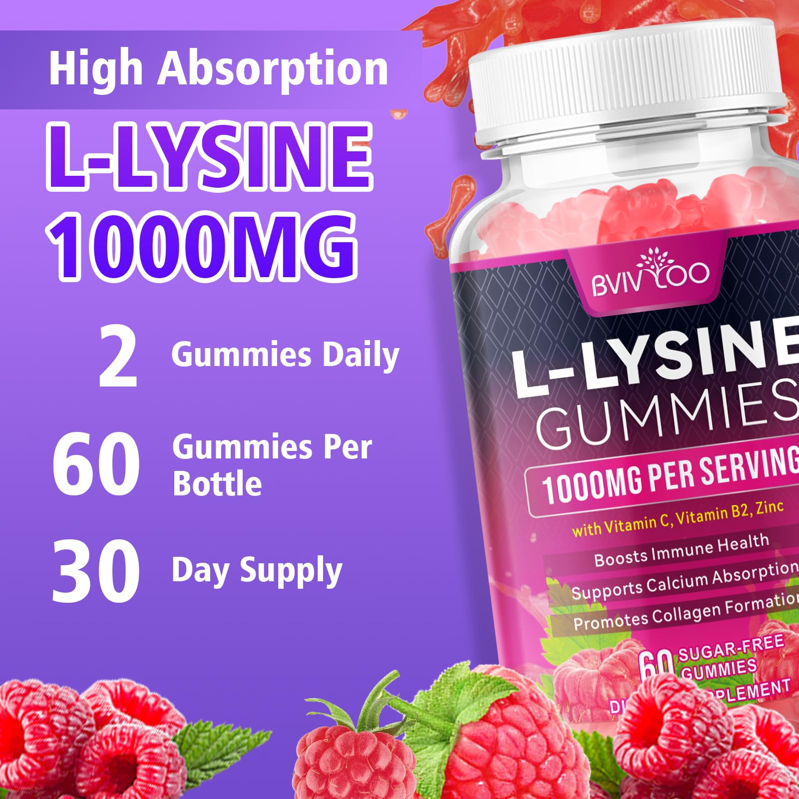 Gluten-free and allergen-friendly BVIVLOO Lysine gummies.