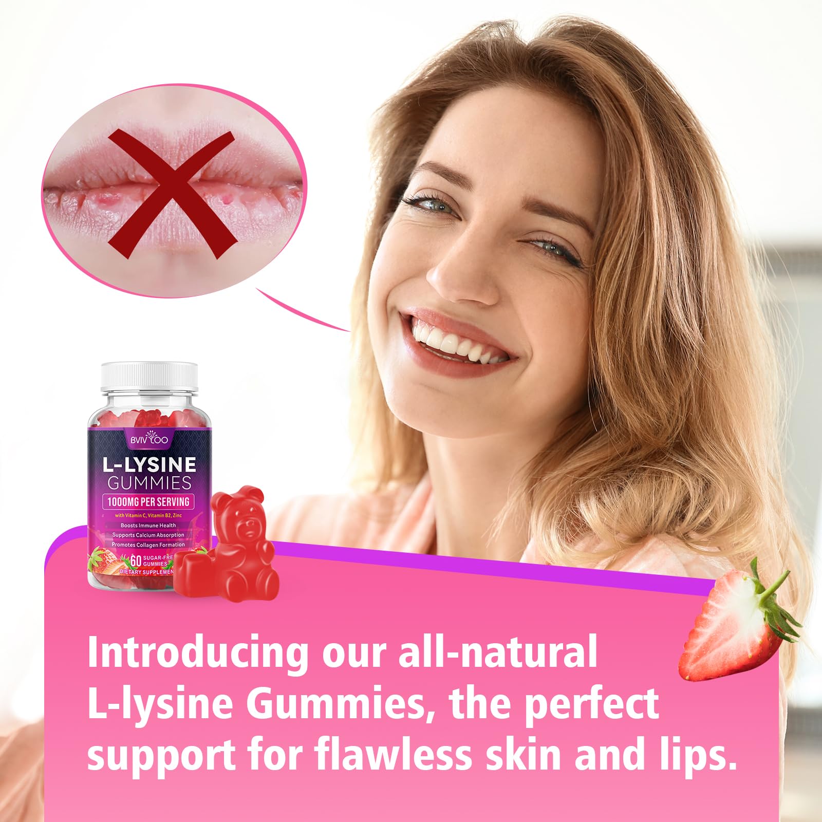 BVIVLOO L-Lysine Gummies vegan, gluten-free icons highlight allergy-friendly formula.