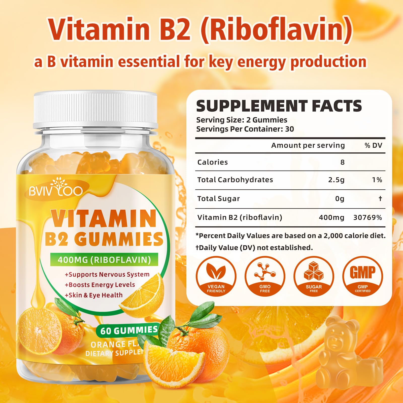 BVIVLOO orange-flavored gummies close-up highlighting tasty, sugar-free B2.