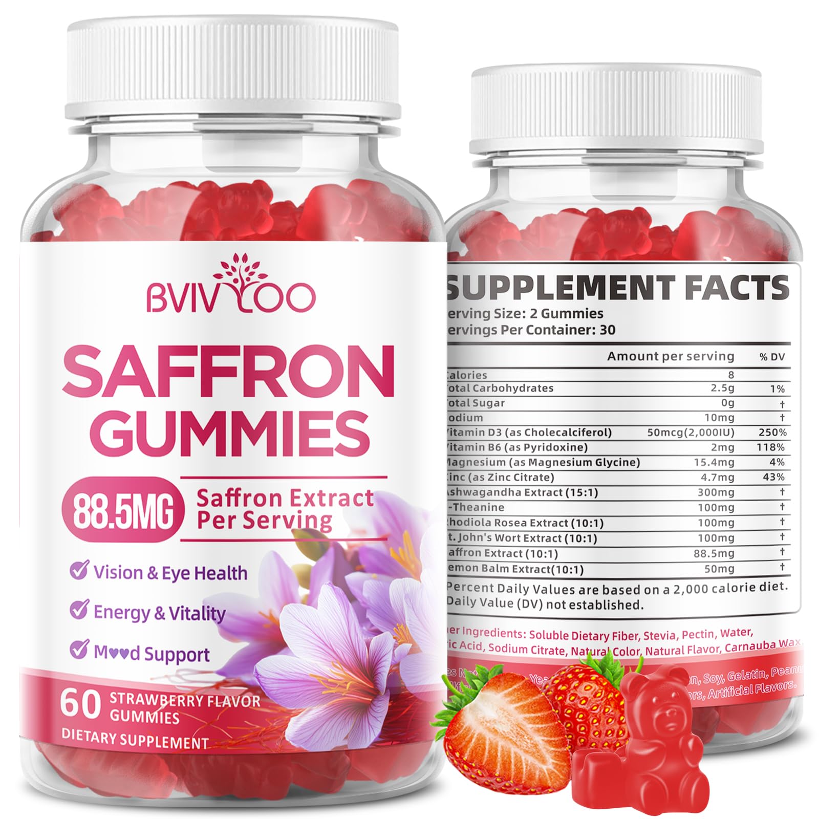 BVIVLOO saffron gummies bottle offers convenient daily mood and focus support.