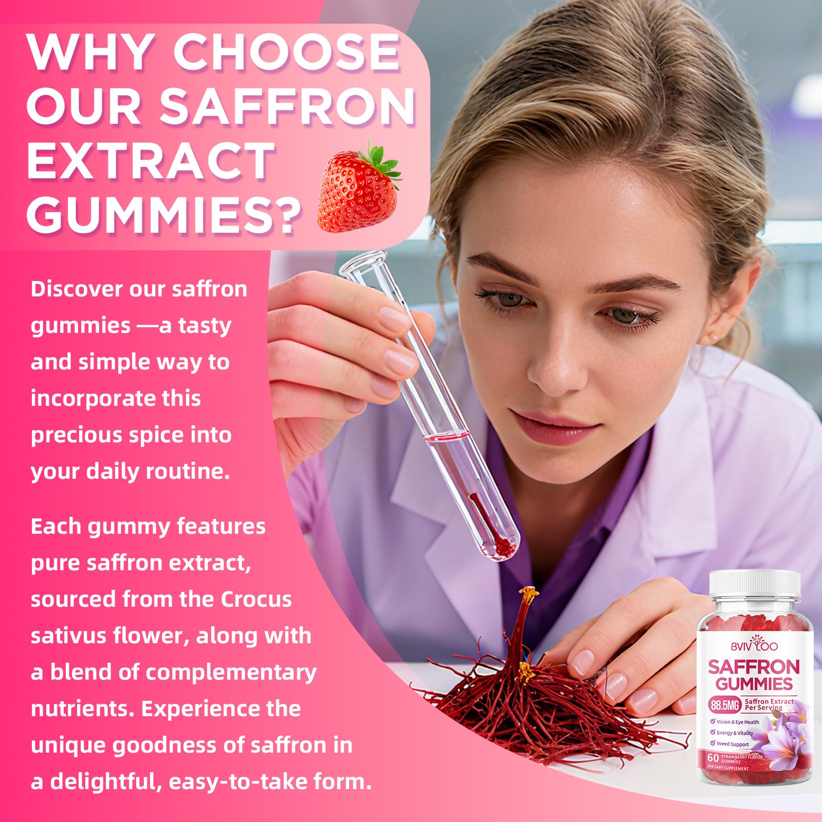 BVIVLOO saffron gummies daily-use bottle ready for routine wellness.