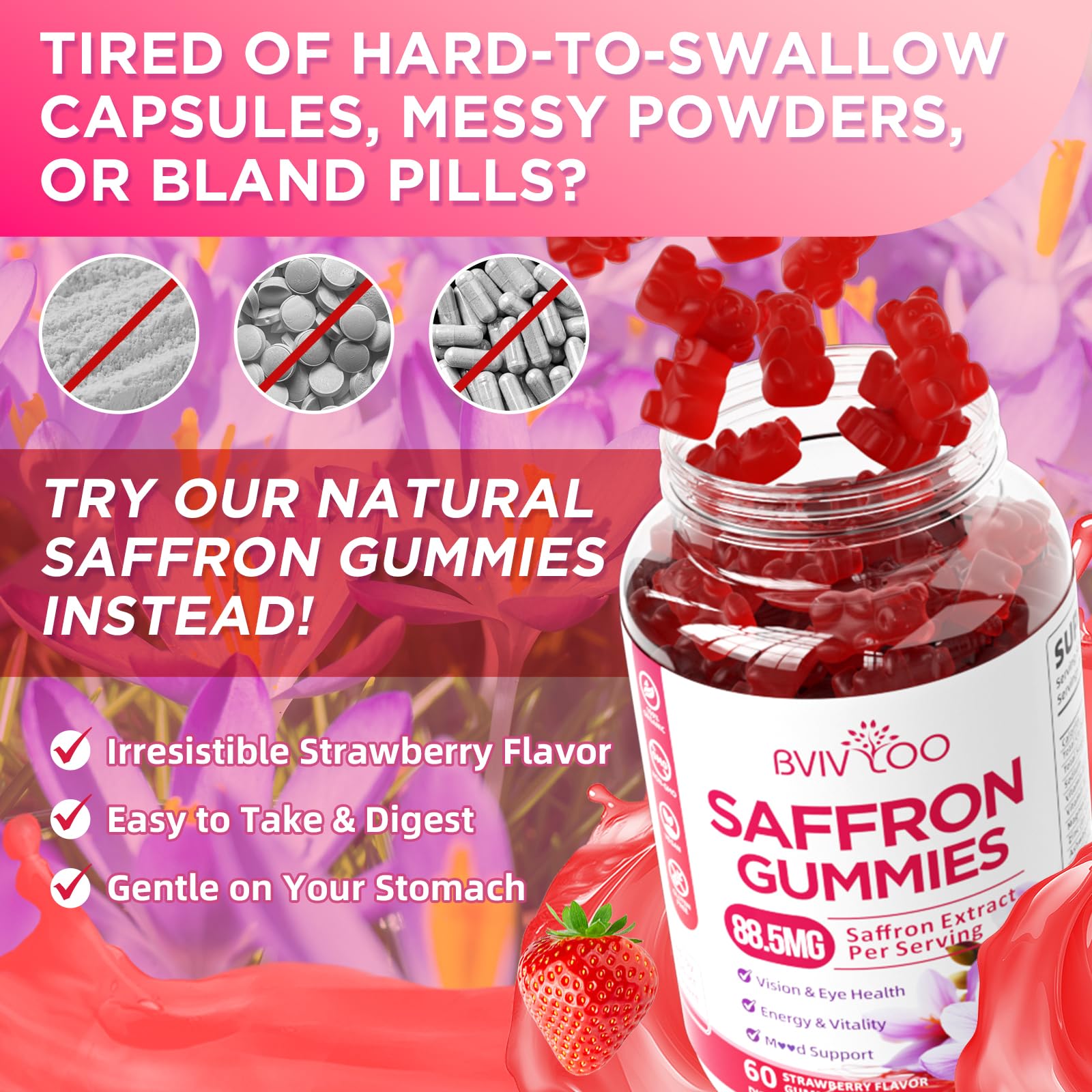 BVIVLOO saffron gummies flavor emphasizes natural strawberry taste for daily enjoyment.