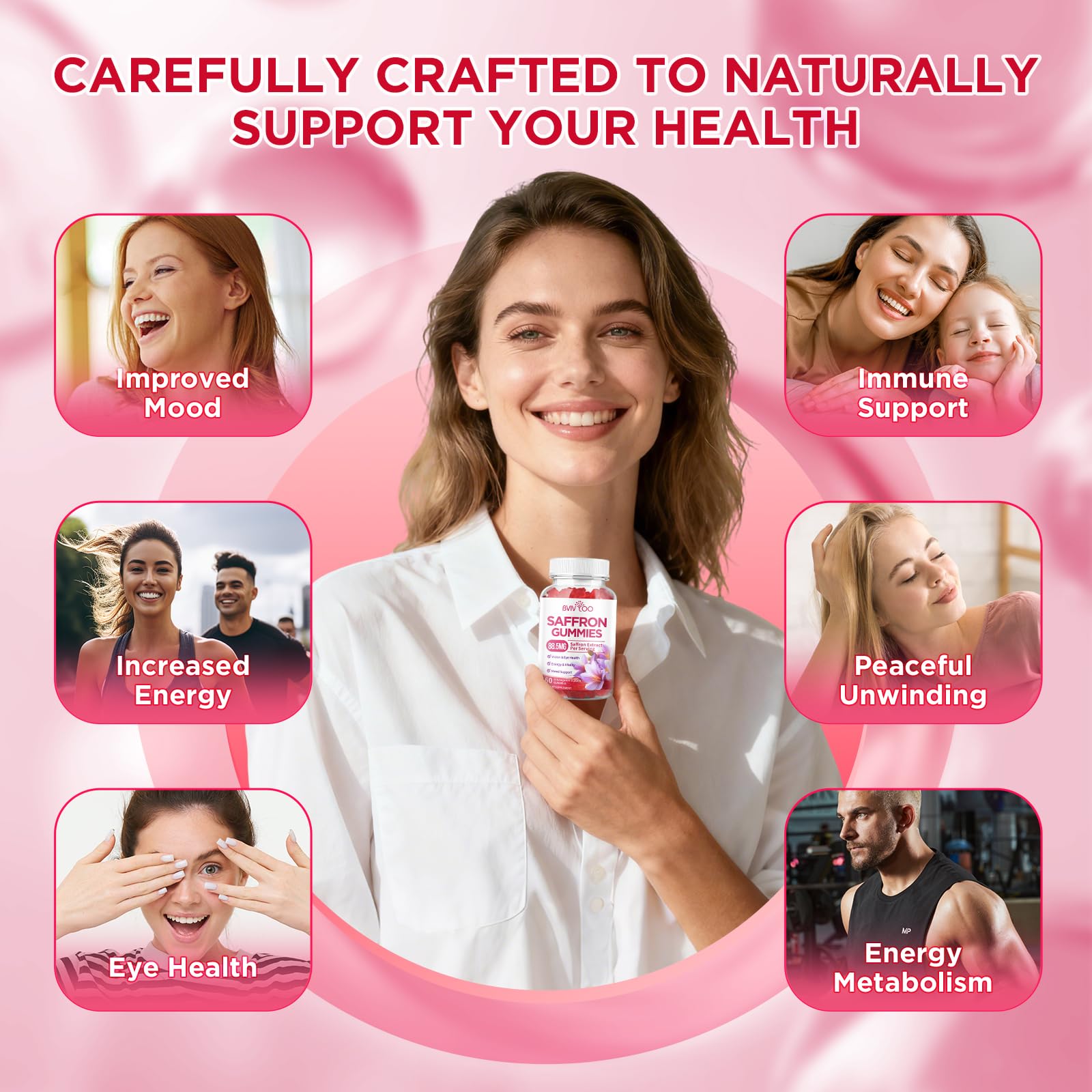 BVIVLOO saffron gummies ingredients highlight saffron and essential vitamins for balanced nutrition.
