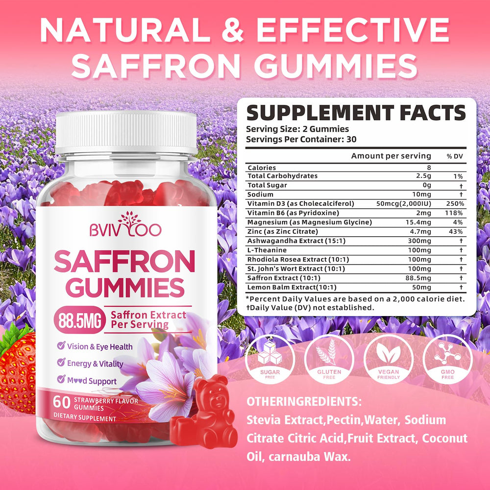 BVIVLOO saffron gummies packaging showcases sugar-free strawberry flavor for family wellness.
