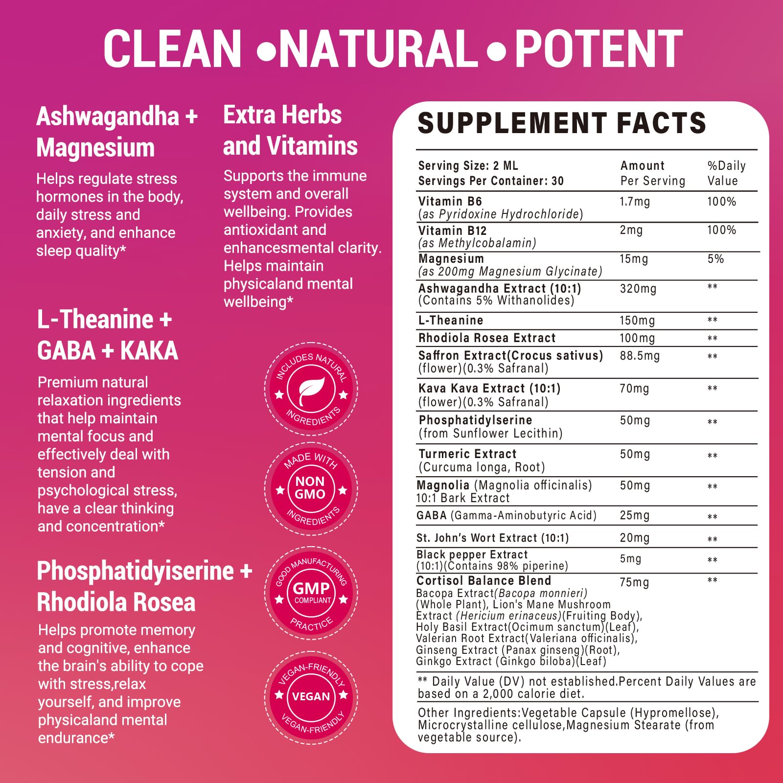 Bvlaue cortisol drops ingredients chart highlights 20-in-1 blend