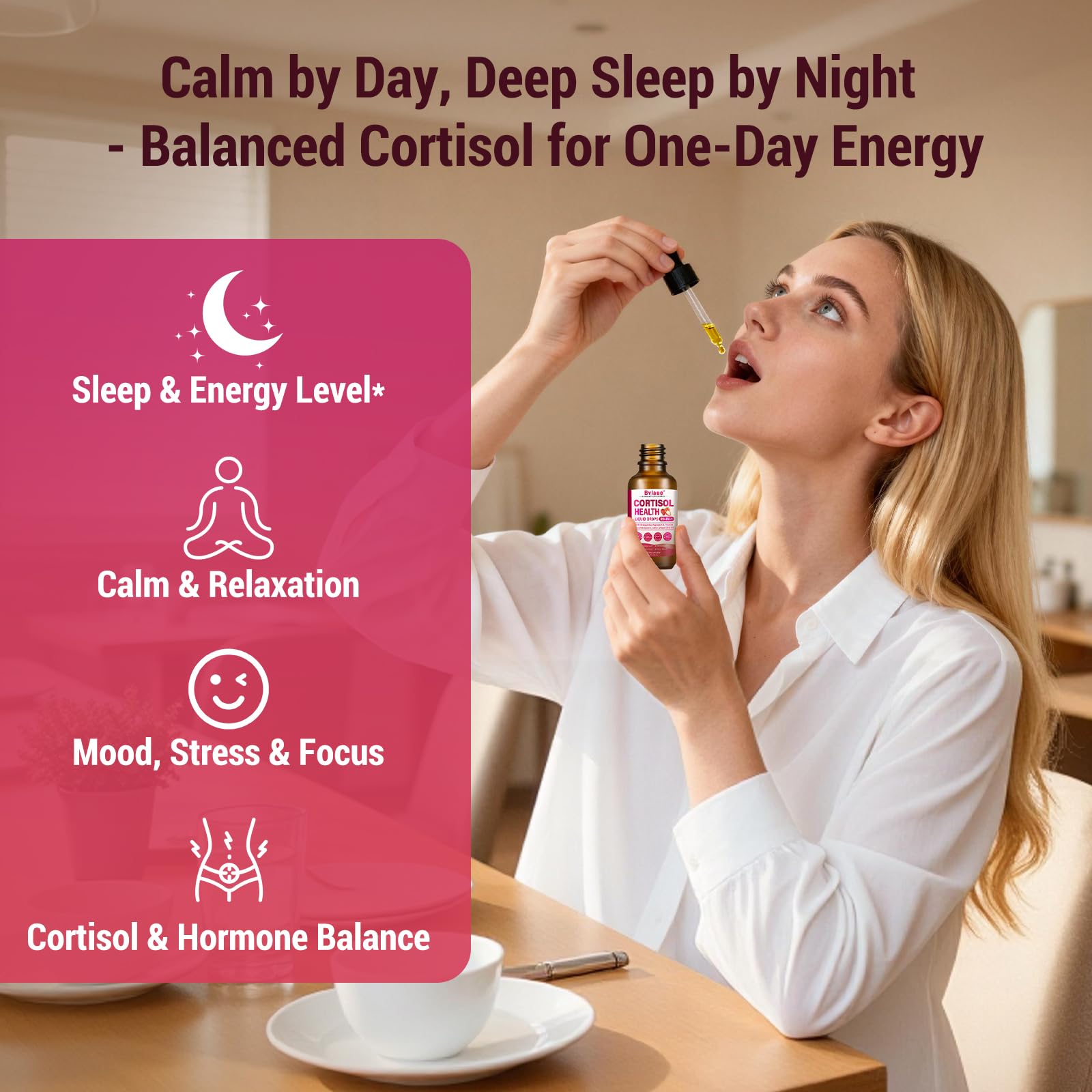 Bvlaue cortisol drops label close-up shows vegan, non-GMO formula