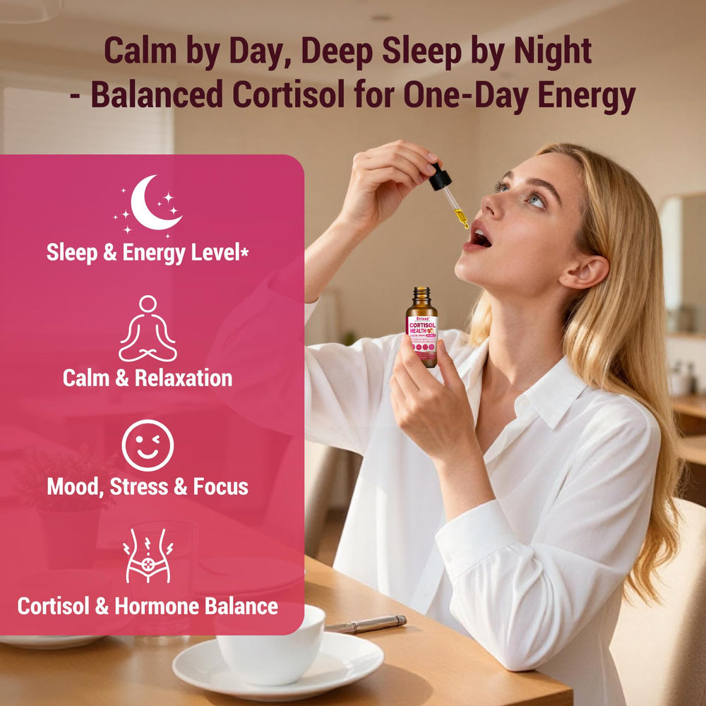 Bvlaue cortisol drops label close-up shows vegan, non-GMO formula