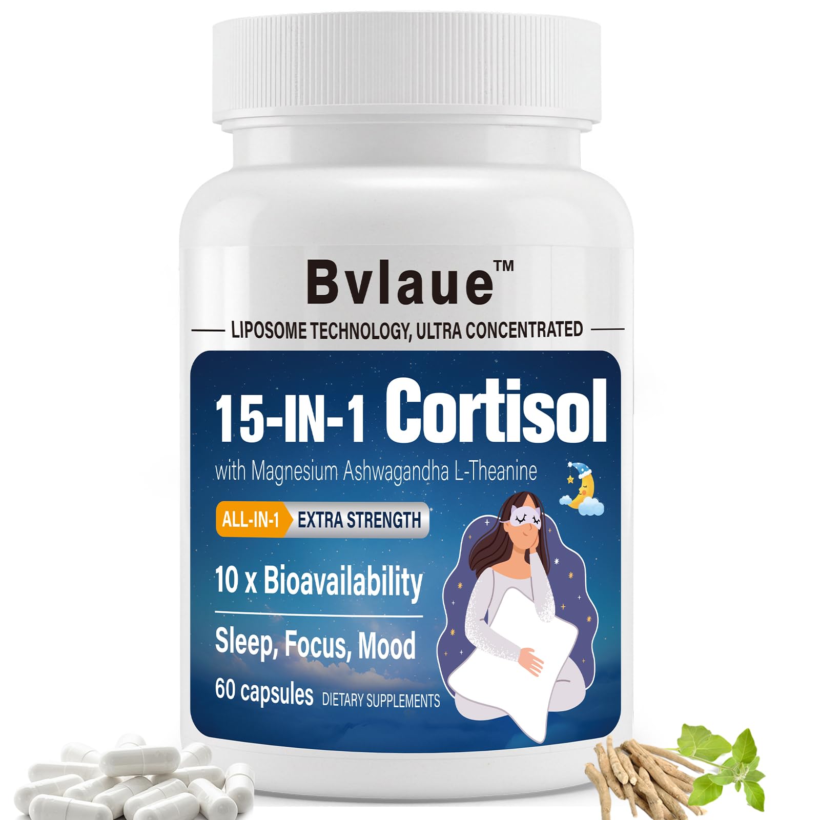 Bvlaue cortisol reducer bottle close-up highlighting 15-in-1 formula for stress support