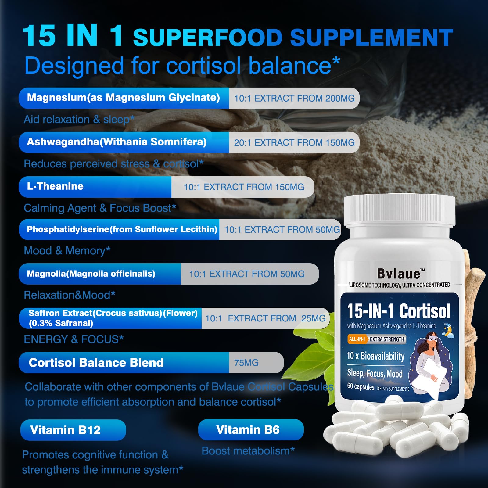 Bvlaue cortisol reducer capsules pack showing vegan, non-GMO formula