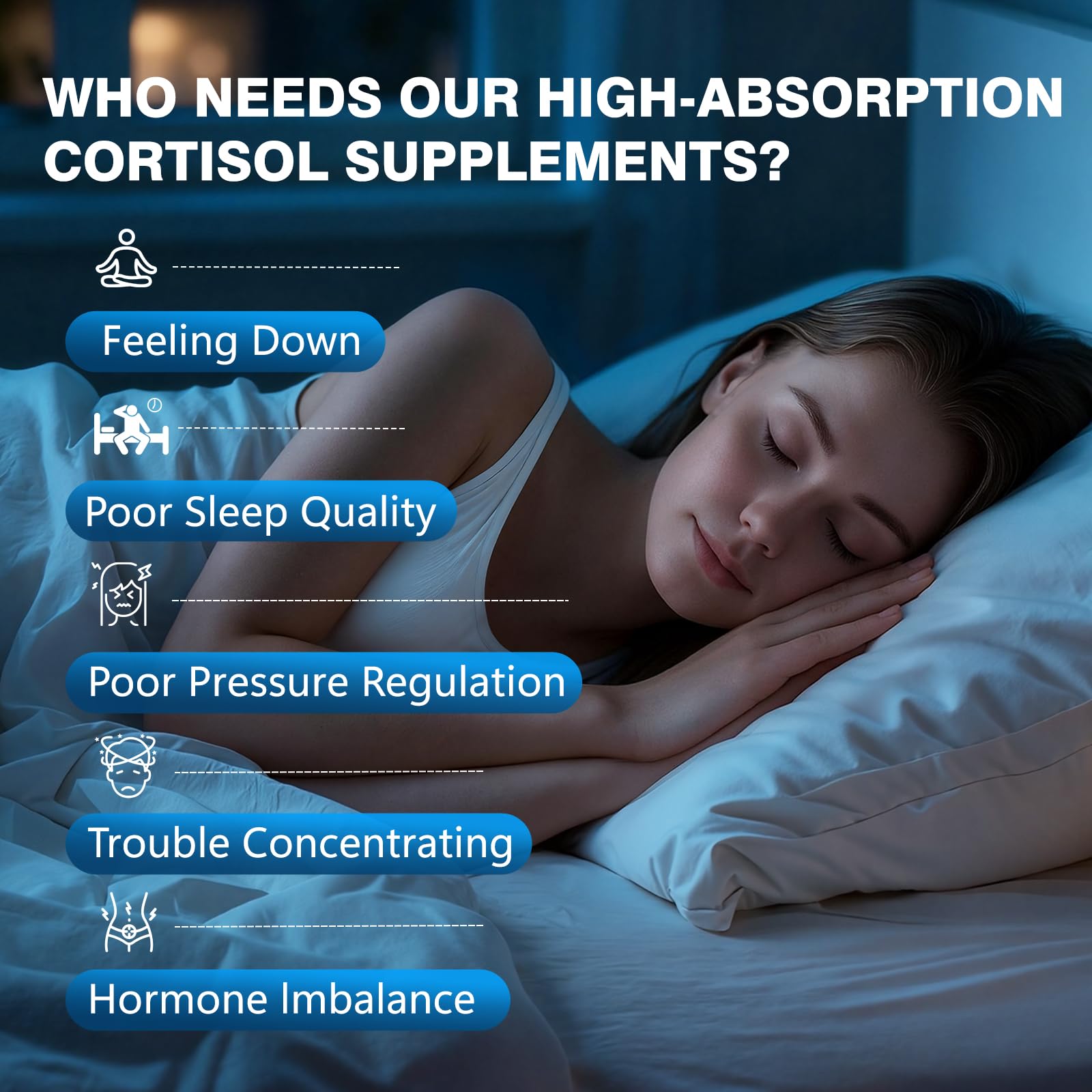 Bvlaue cortisol reducer ingredient icons featuring Ashwagandha, L-Theanine, Saffron