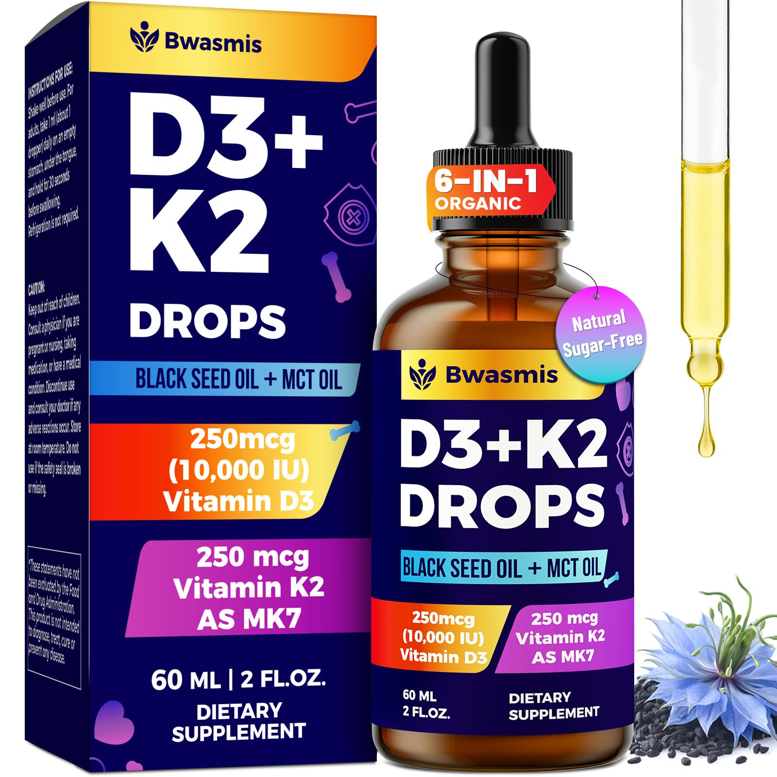 Bwasmis Vitamin D3 K2 drops bottle front view for daily wellbeing
