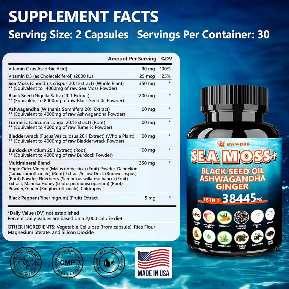 BWWQBB Ashwagandha Sea Moss Capsules label with herbal blend.