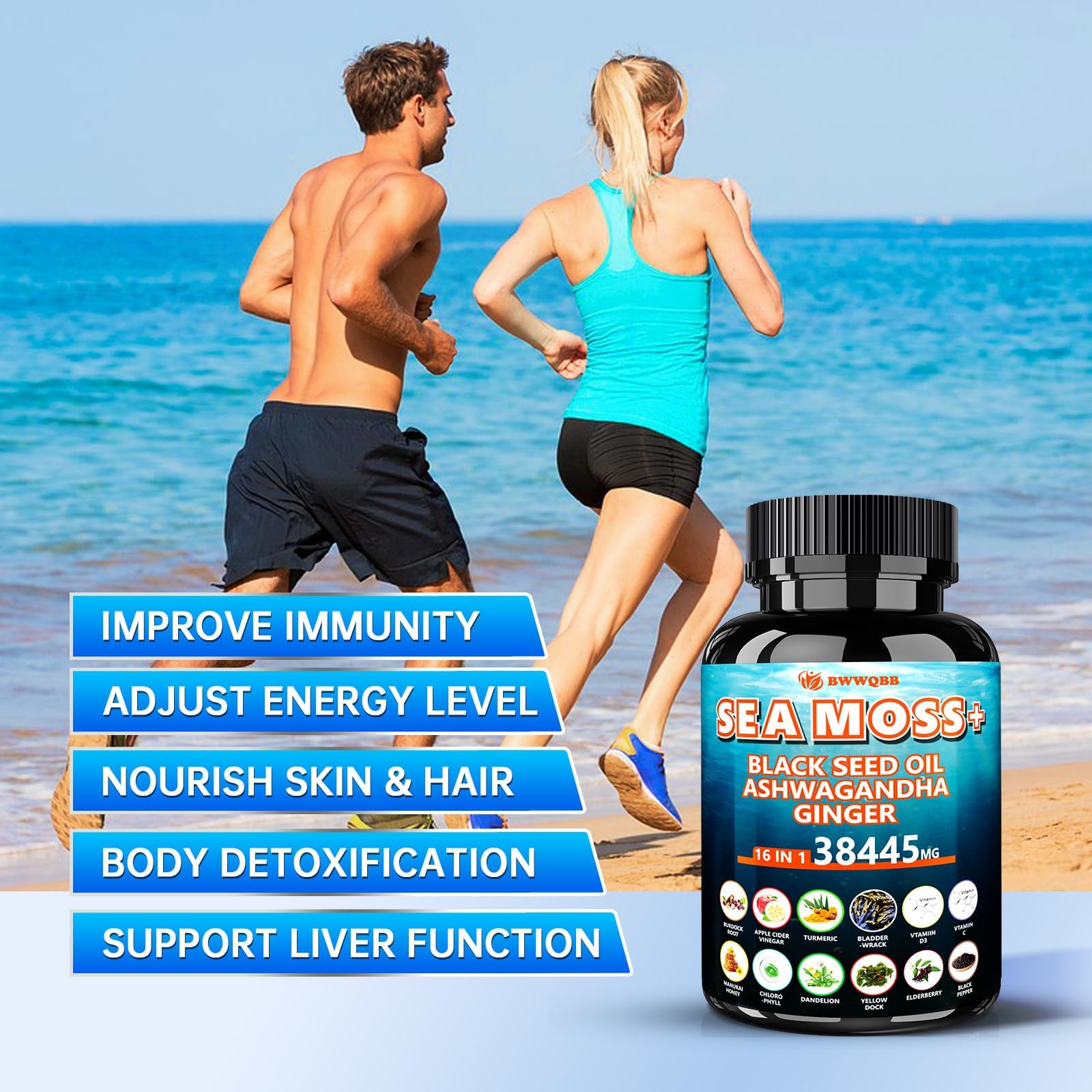 BWWQBB Ashwagandha Sea Moss Capsules packaging box beside bottle.