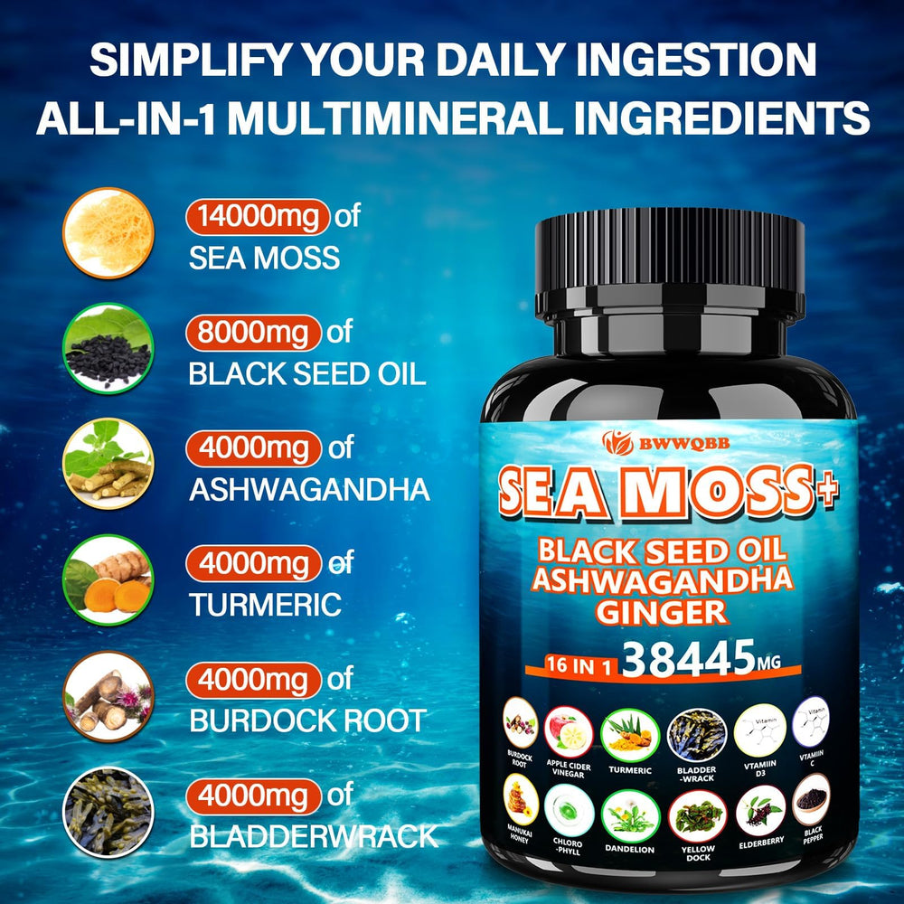 BWWQBB Ashwagandha Sea Moss Capsules being poured for easy daily use.