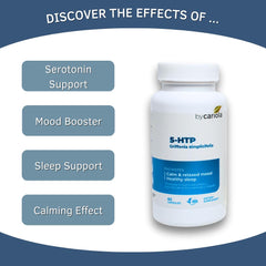 BY CARIOLA 5-HTP bottle with water shows easy daily intake.