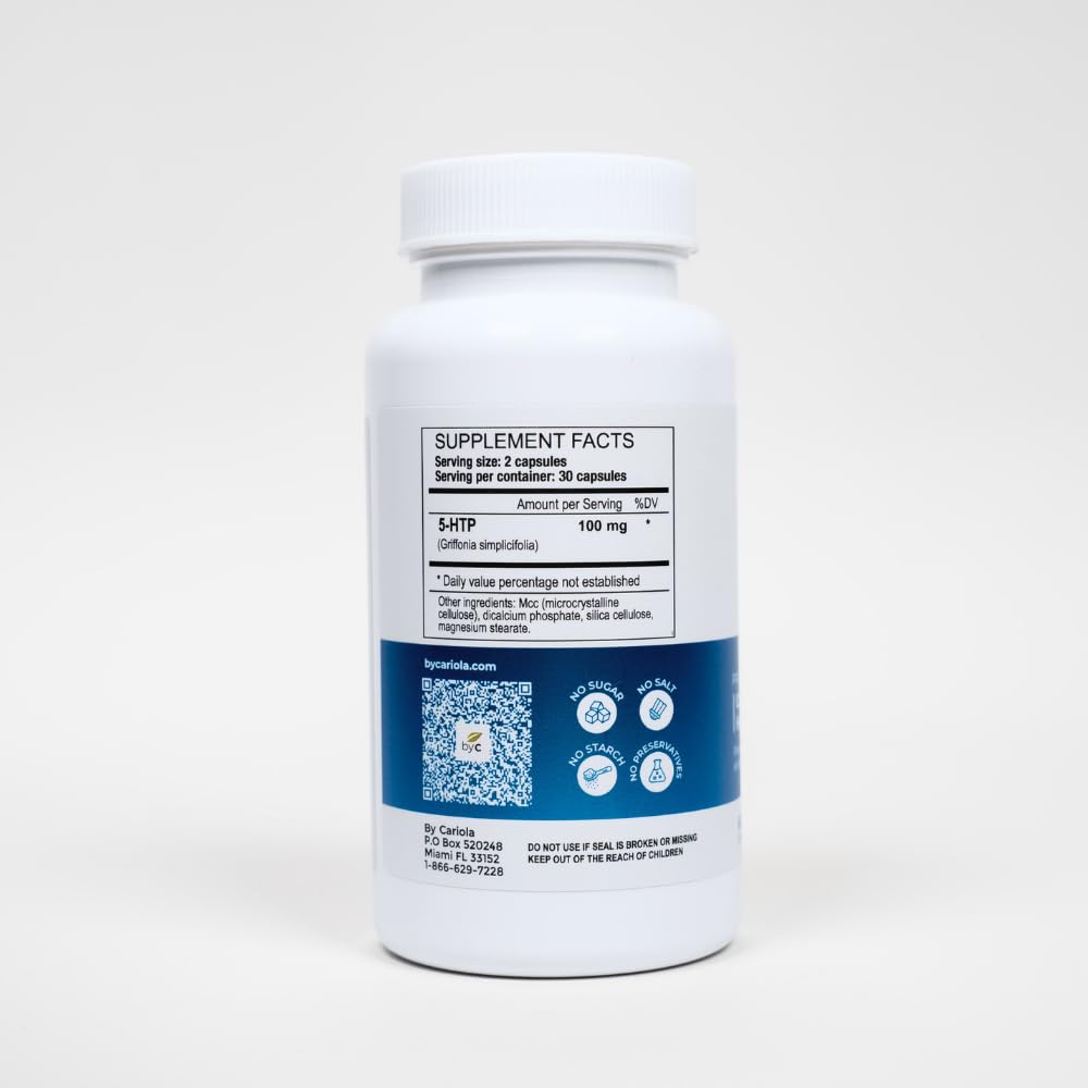BY CARIOLA 5-HTP capsules close-up shows a natural formula for daily well-being.