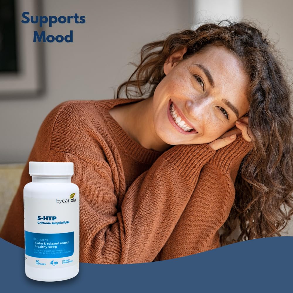 BY CARIOLA 5-HTP capsules shown with daily routine for consistency.