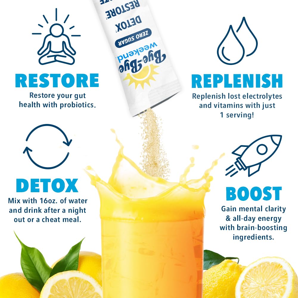 Bye-Bye Weekend dandelion root and milk thistle visuals emphasize gut and liver support.