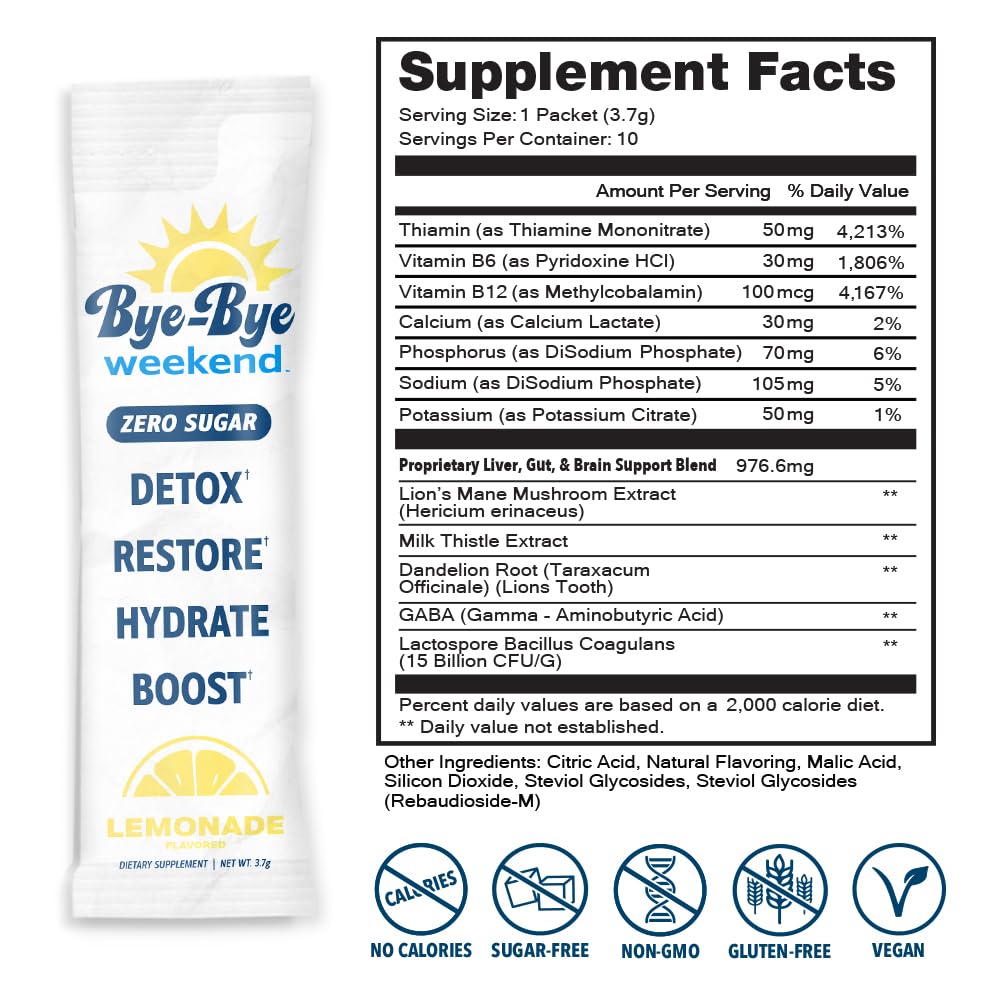 Bye-Bye Weekend nutrition symbols show vegan and non-GMO clarity.