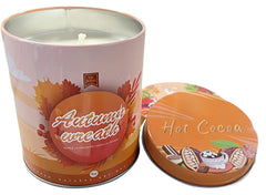 C CACALOM Hot Cocoa Autumn Wreath candle on table for cozy fall ambiance.