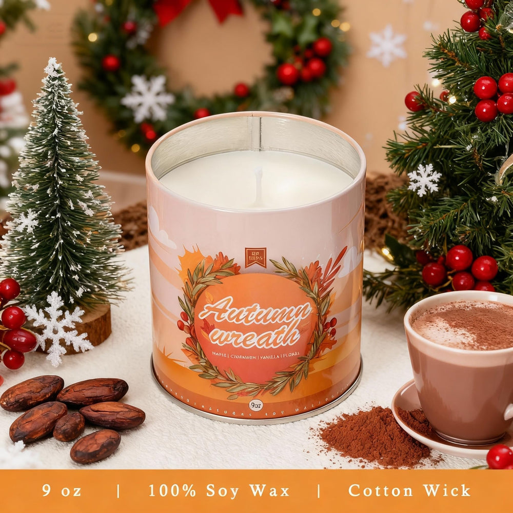 C CACALOM Hot Cocoa Autumn Wreath closeup wick for longer autumn warmth.