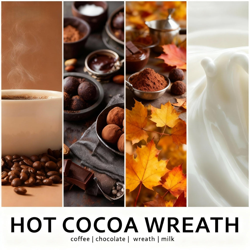C CACALOM Hot Cocoa Autumn Wreath 9oz label enhances gift-ready presentation.
