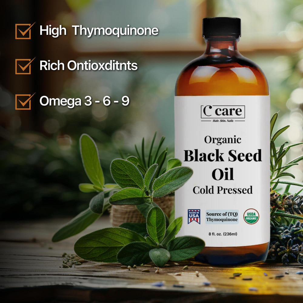 C CARE black seed oil pour into spoon suggests easy daily addition.