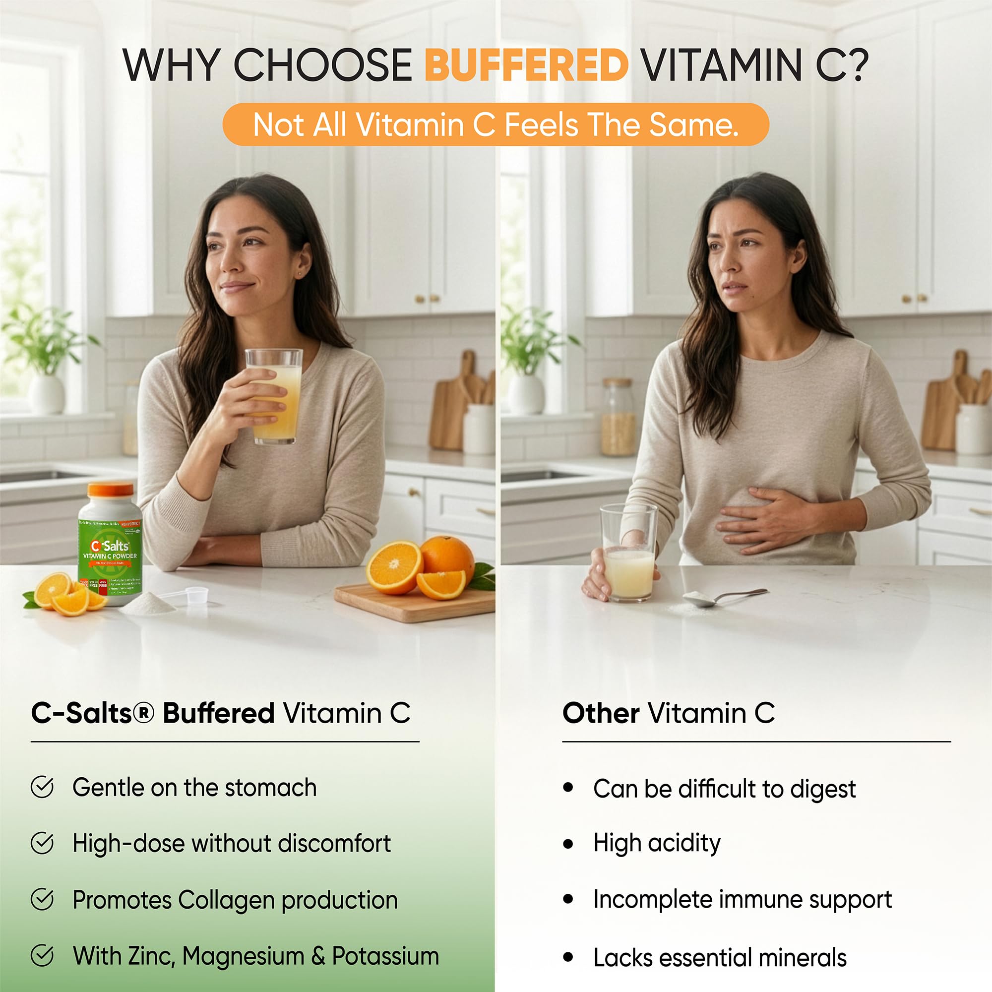 C-Salts buffered ascorbic acid powder instantly dissolves in juice.