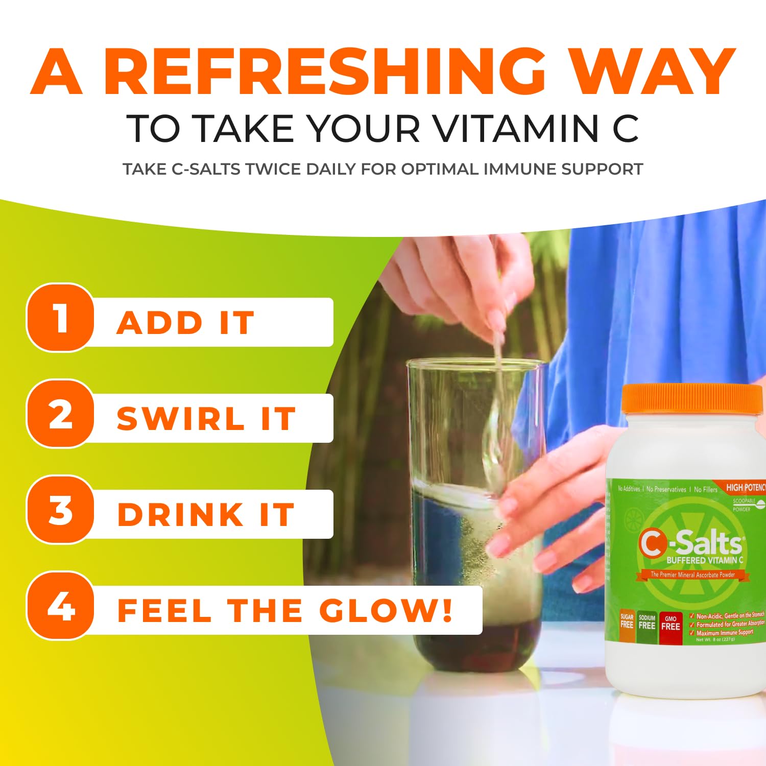 C-Salts Vitamin C powder dissolving into a beverage.