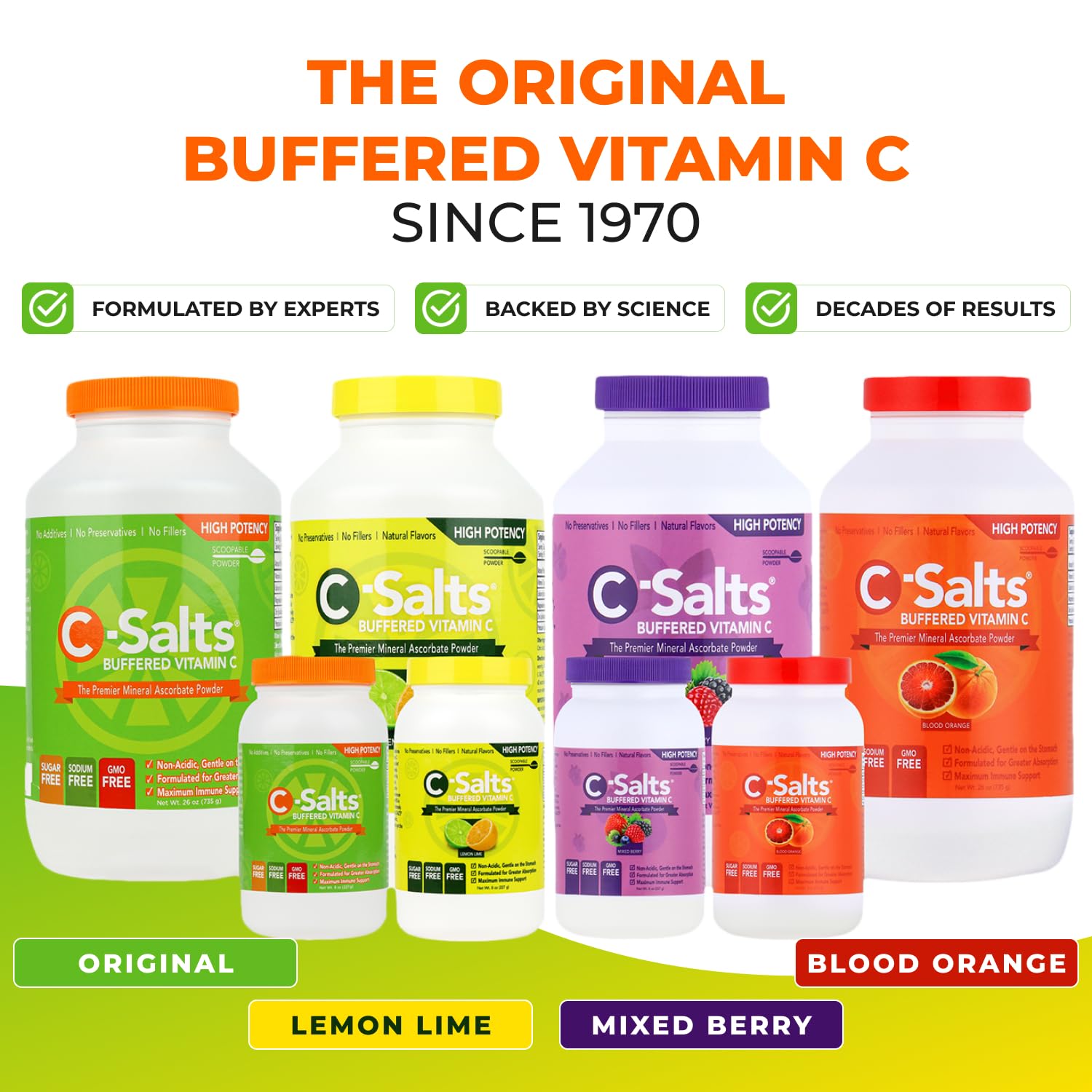 C-Salts Vitamin C powder jar with measuring cup.