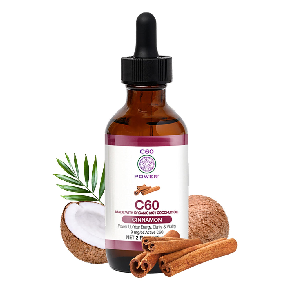 C60 Purple Power cinnamon bottle shows premium C60 in organic MCT oil for daily energy