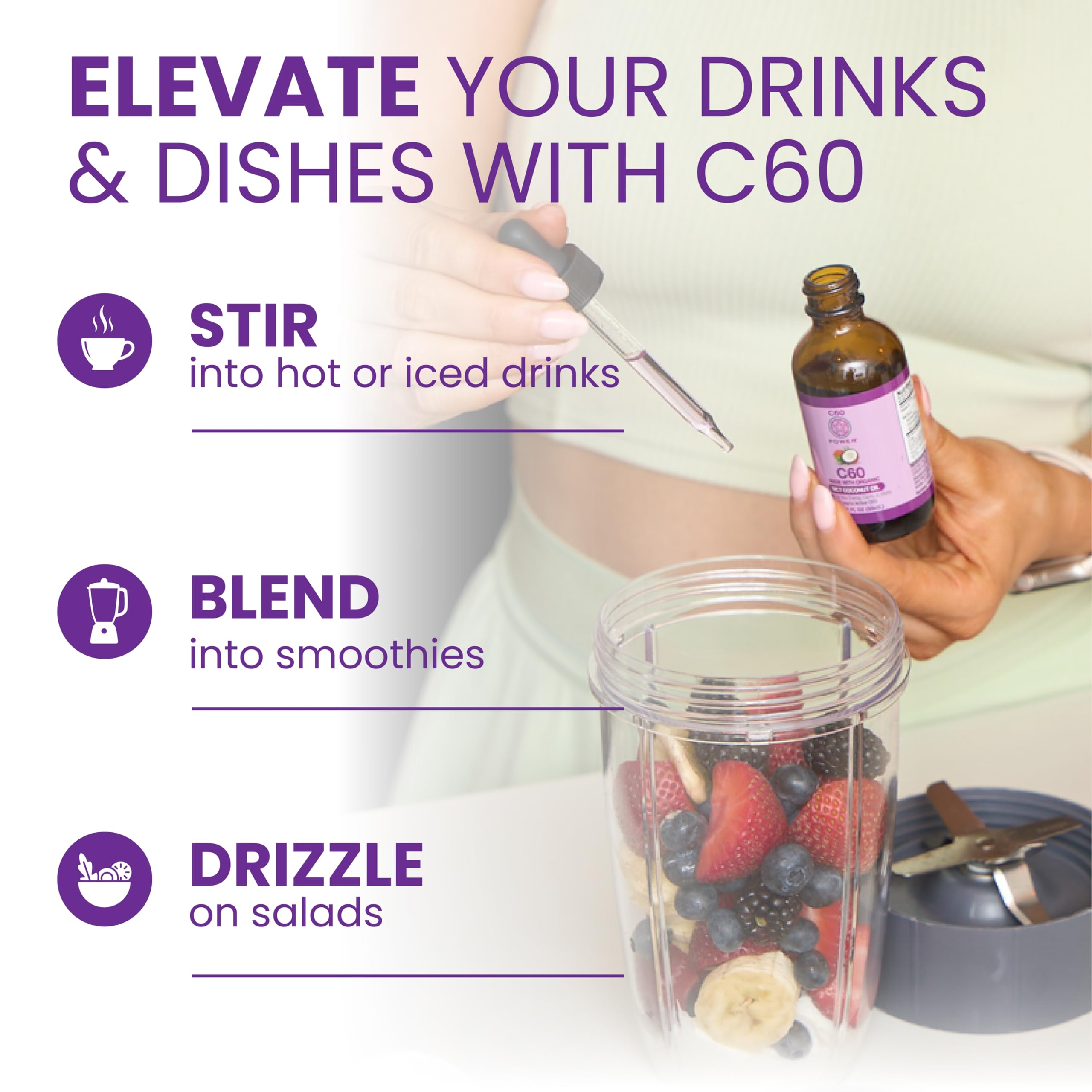 Dropper releasing C60 Purple Power for fast absorption in water.