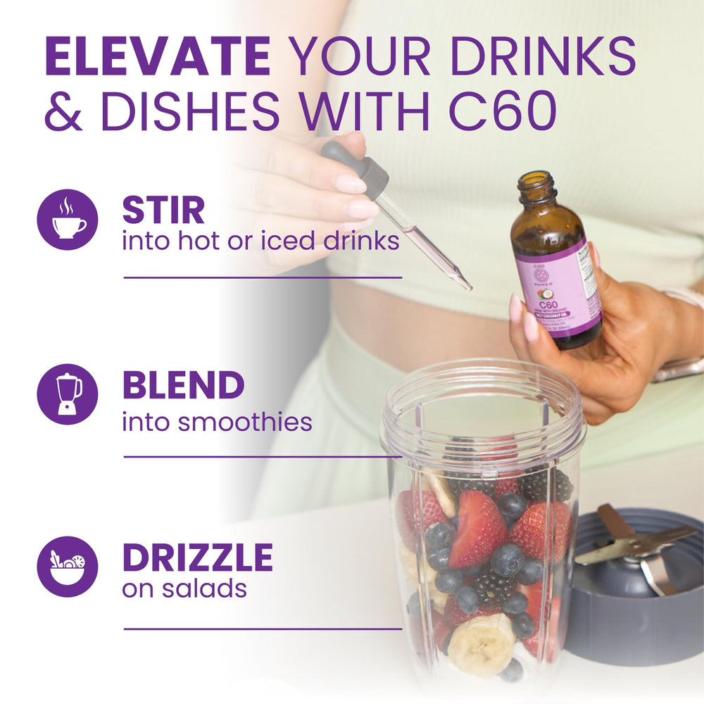 Dropper releasing C60 Purple Power for fast absorption in water.