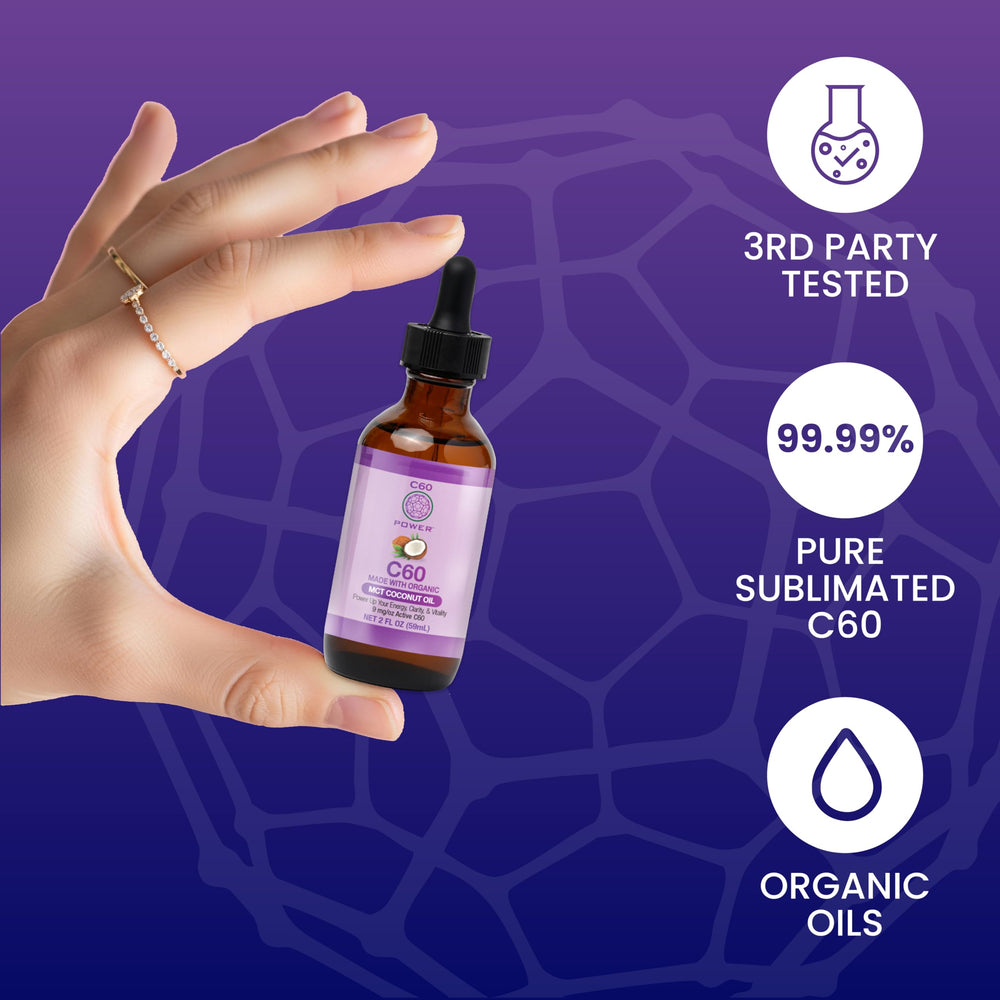 Close-up of C60 Purple Power label highlighting MCT oil base and purity.