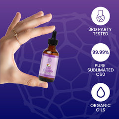 Close-up of C60 Purple Power label highlighting MCT oil base and purity.