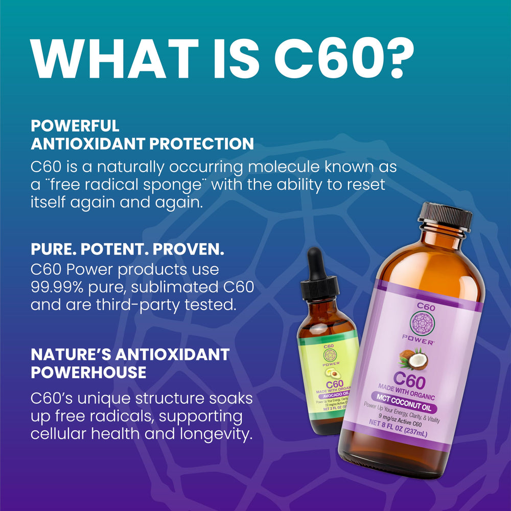 Oil in glass showing golden C60 Purple Power in organic MCT oil.