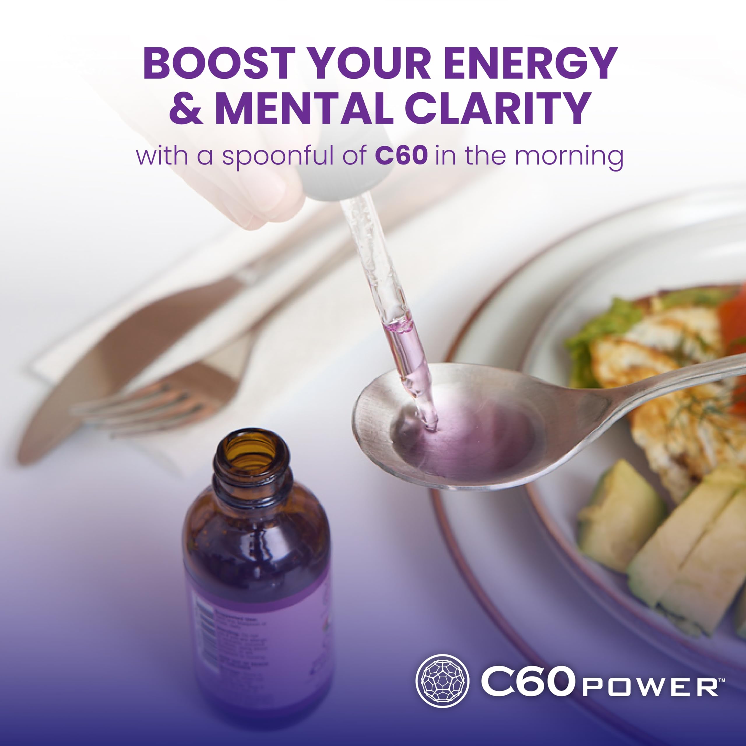 Teaspoon measuring C60 Purple Power for a morning routine.