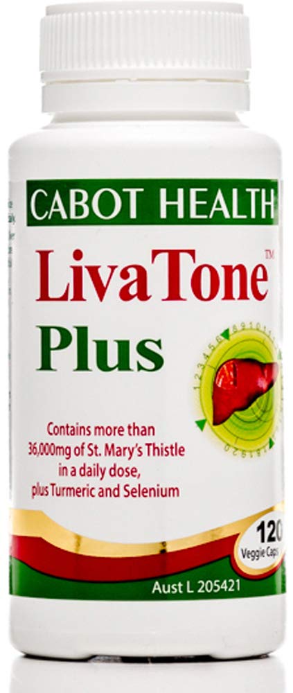 Cabot Health LivaTone Plus with Turmeric bottle on a clean surface, highlighting turmeric-based formula.