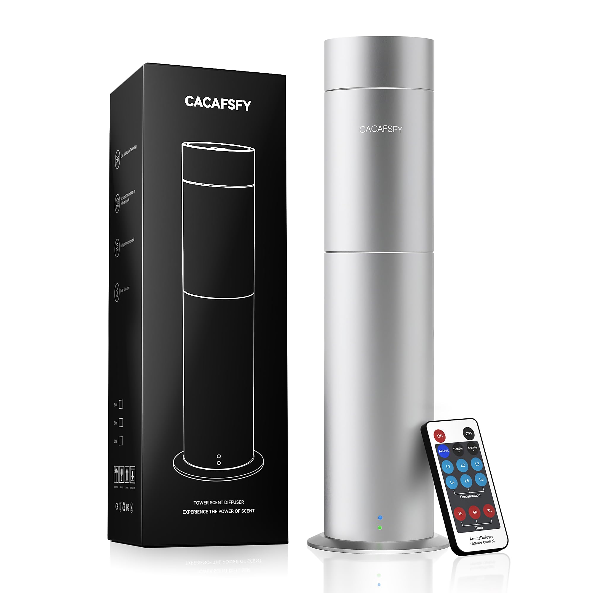 CACAFSFY diffuser with silver exterior creates an elegant home fragrance focal point.