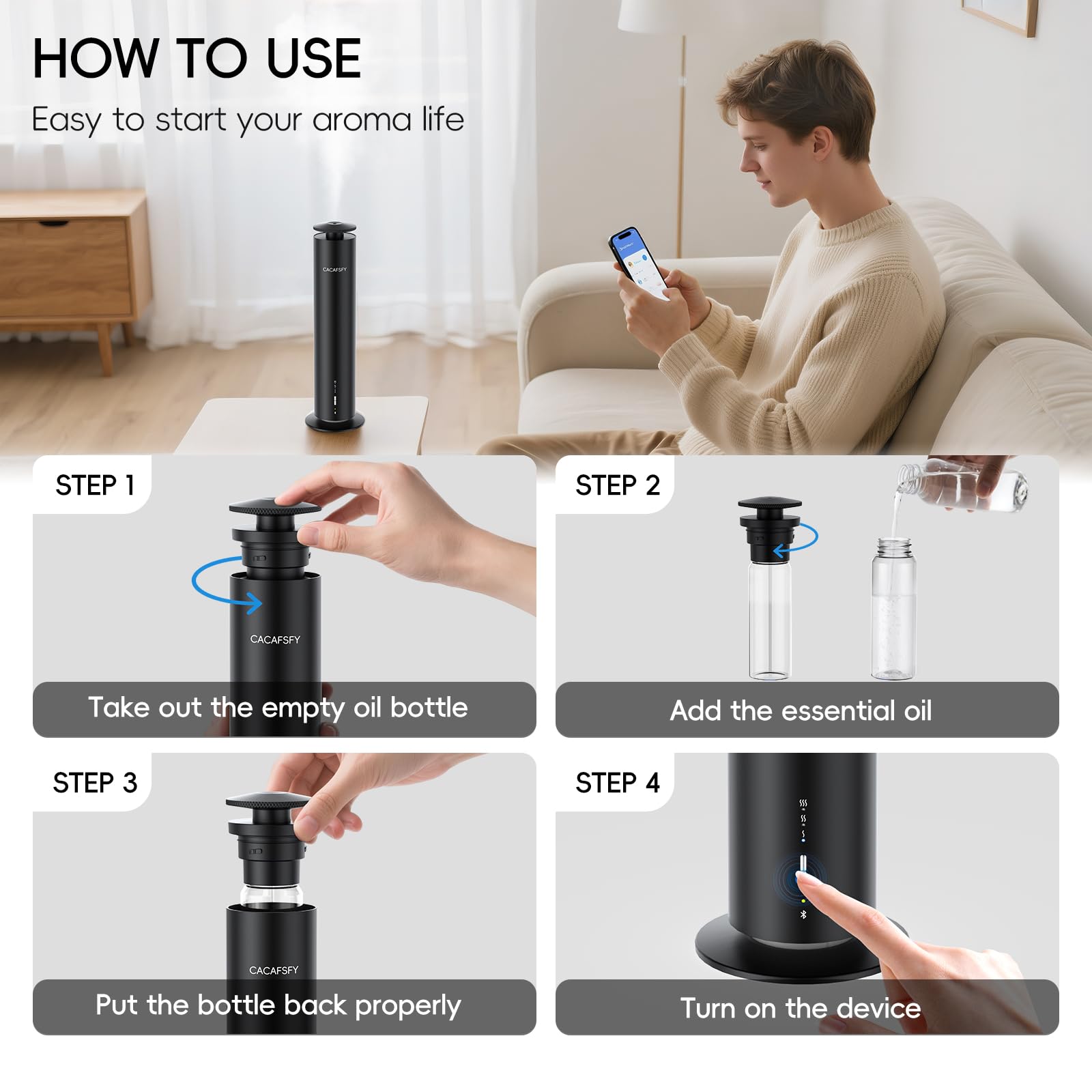CACAFSFY waterless diffuser aluminum shell design for durability and quiet operation