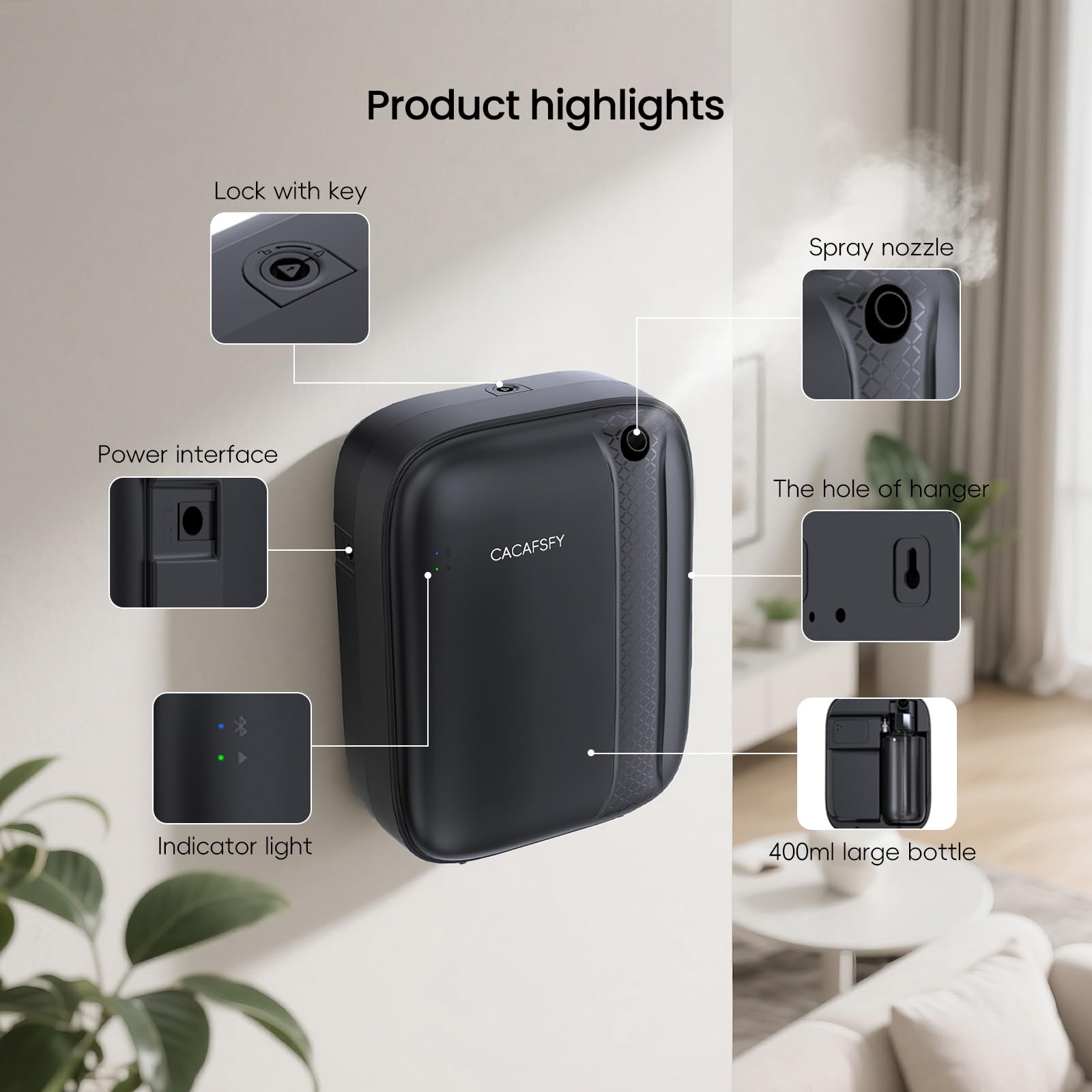 CACAFSFY diffuser operating in a spacious room with even aroma