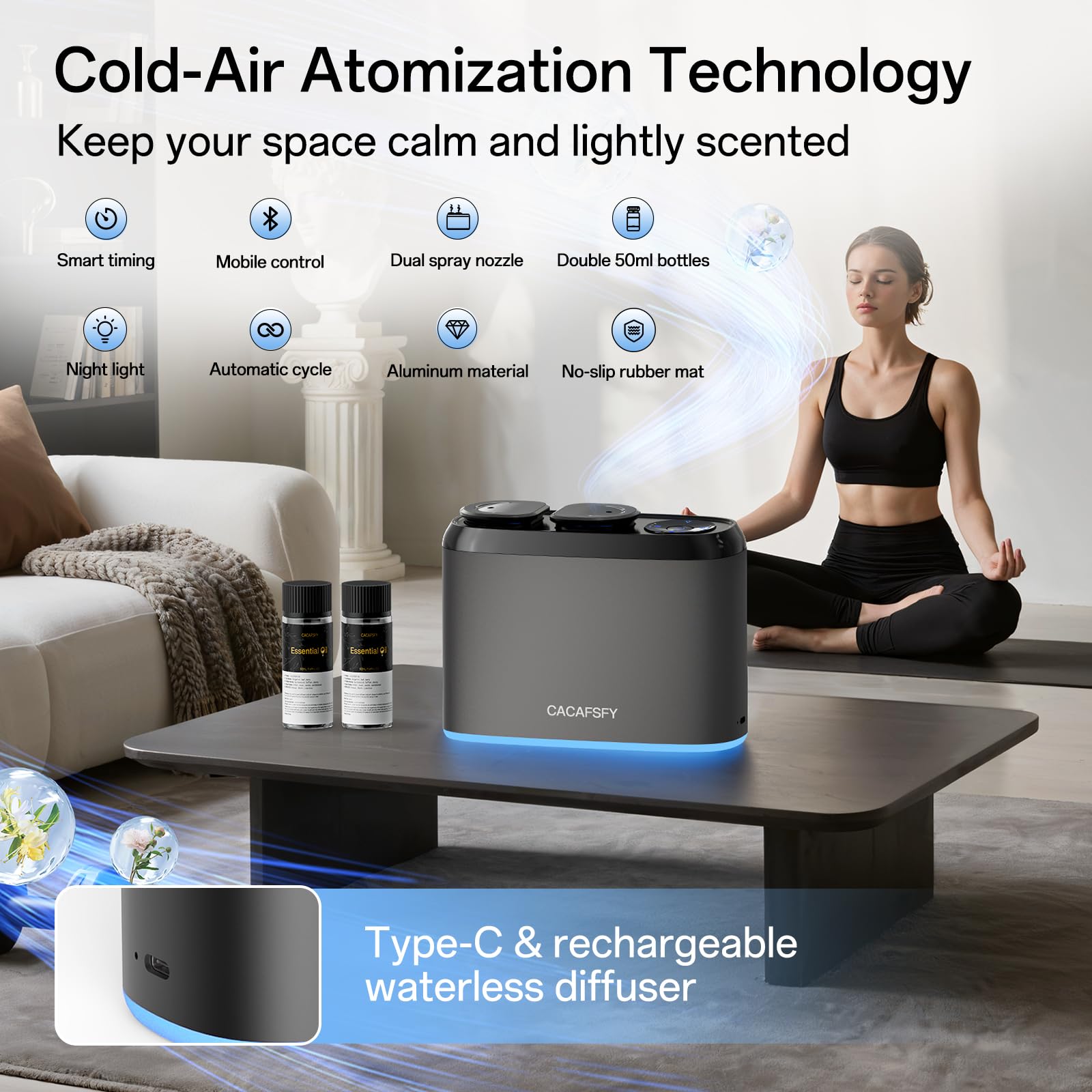 CACAFSFY waterless diffuser side view highlighting portable cordless design for home use
