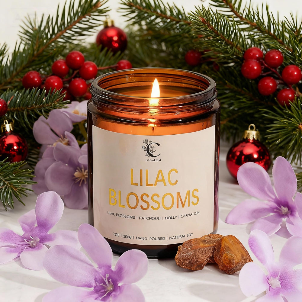 CACALOM lilac scented candle in 7oz jar for relaxing evenings.