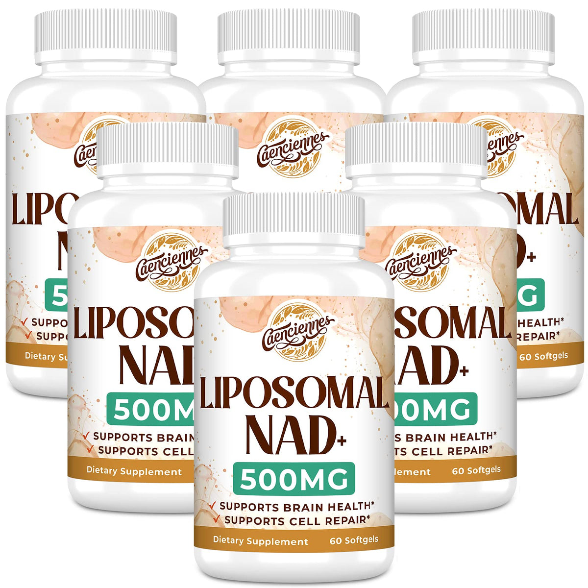 Caenciennes Liposomal NAD+ Plus bottle showcases high-dose NAD+ for potential energy support.
