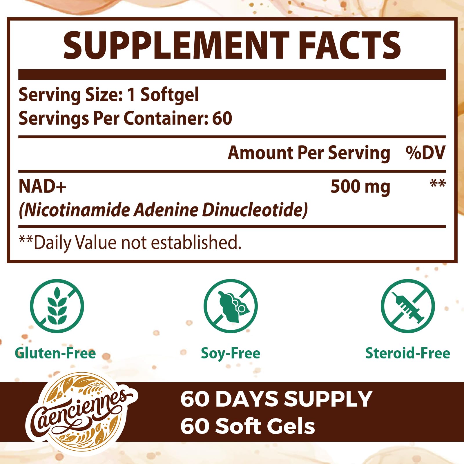 Caenciennes Liposomal NAD+ softgels close-up showing easy-to-swallow capsules