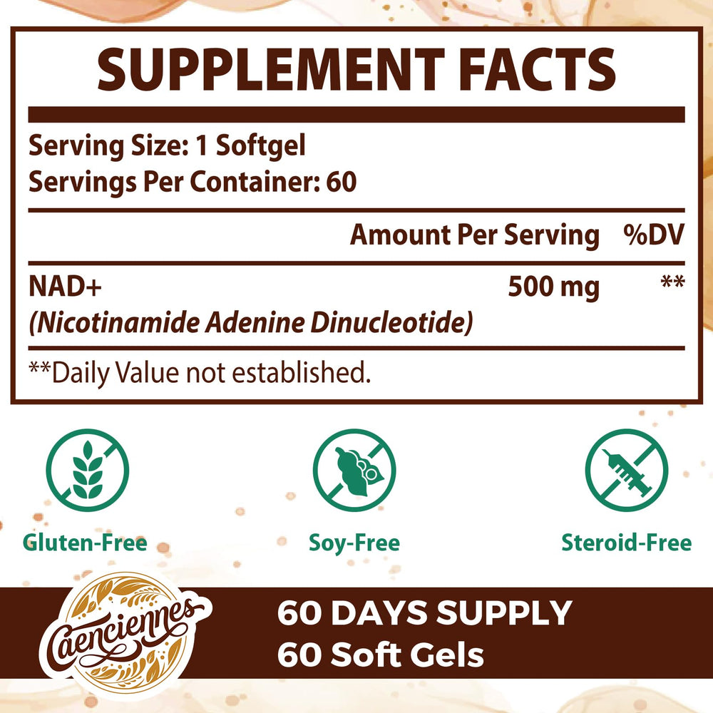 Caenciennes Liposomal NAD+ softgels close-up showing easy-to-swallow capsules