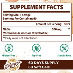 Caenciennes Liposomal NAD+ softgels close-up showing easy-to-swallow capsules